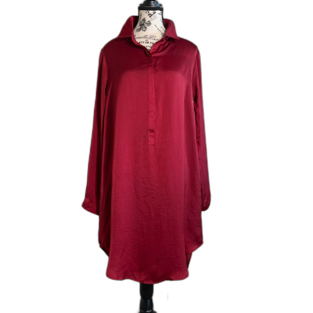 KORI America Maroon Silk Feel Shirtdress Preppy Chic Work Career Midi Small